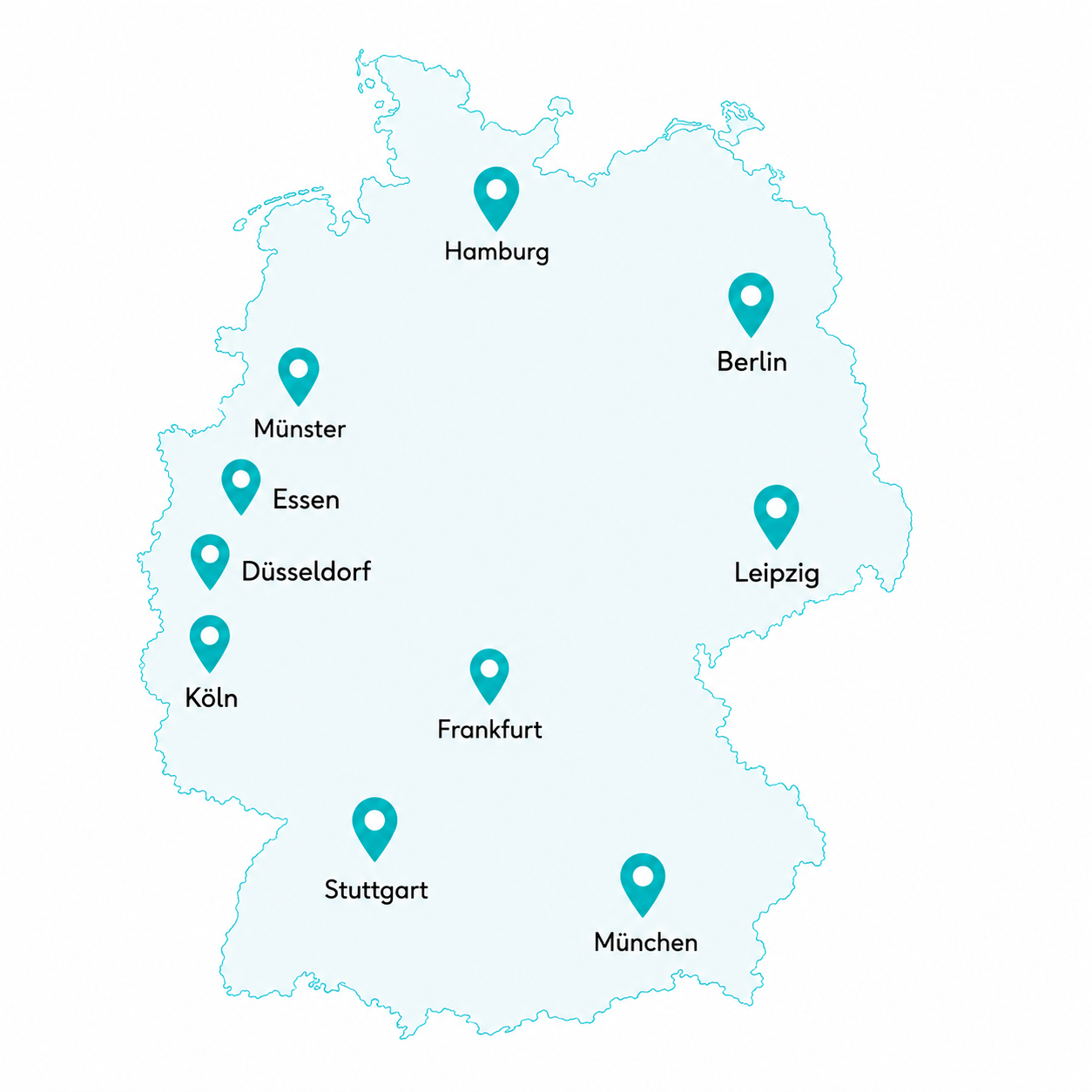 Hamburg, Berlin, Münster, Essen, Düsseldorf, Köln, Frankfurt, Stuttgart, München, Leipzig Hamburg, Berlin, Münster, Essen, Düsseldorf, Köln, Frankfurt, Stuttgart, München, Leipzig